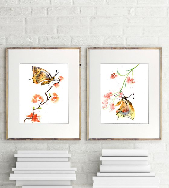 Butterfly and plant -  Set of 2 mounted original watercolor paintings