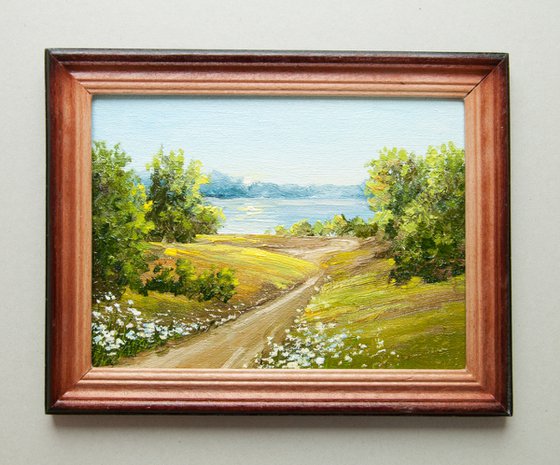 Summer landscape. Oil painting. Original Art. Small artwork. 6 x 8