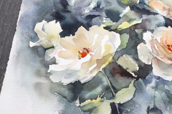 Roses on grey in watercolor, garden flowers on paper