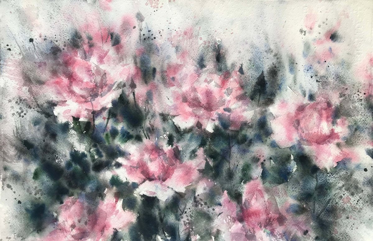 Pink roses 2. one of a kind, original watercolour by Galina Poloz
