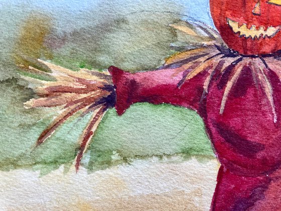 Halloween Watercolor Painting Original, Scarecrow Artwork, Spooky Season Wall Art