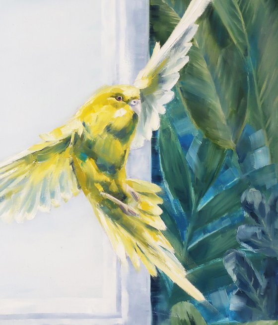 Oil painting Bird Flight Parrot