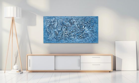 DEEP OCEAN. Large Abstract Navy Blue White 3D Dimensional Textured Art