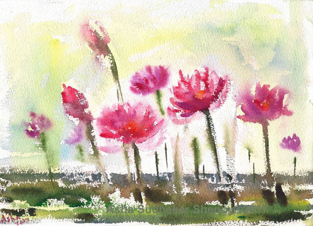 Monet Water lilies Floral, Springtime, 11.25x 8.25 watercolor painting by Asha Shenoy