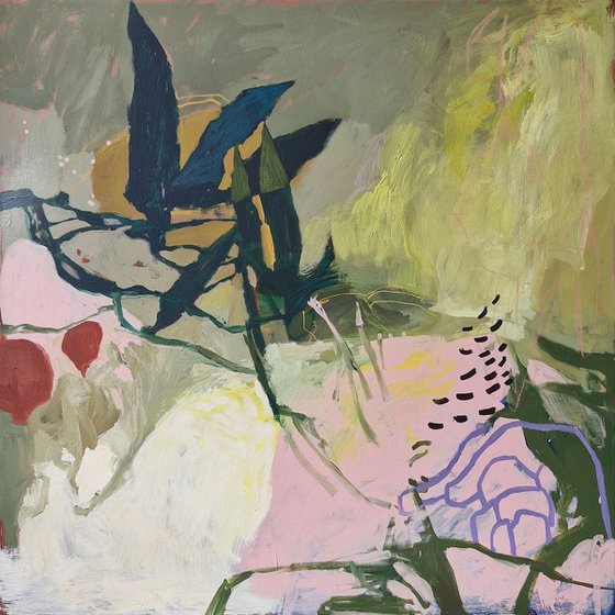 "Garden sound" Abstract green pink yellow art