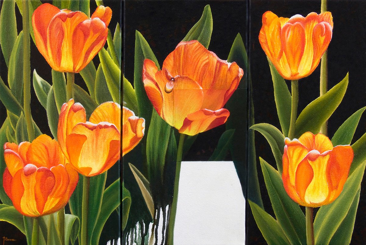 Photorealistic Botanical Oil Painting By Juan Bernal, 18 X 12", Tulips With Dew, Original Artwork