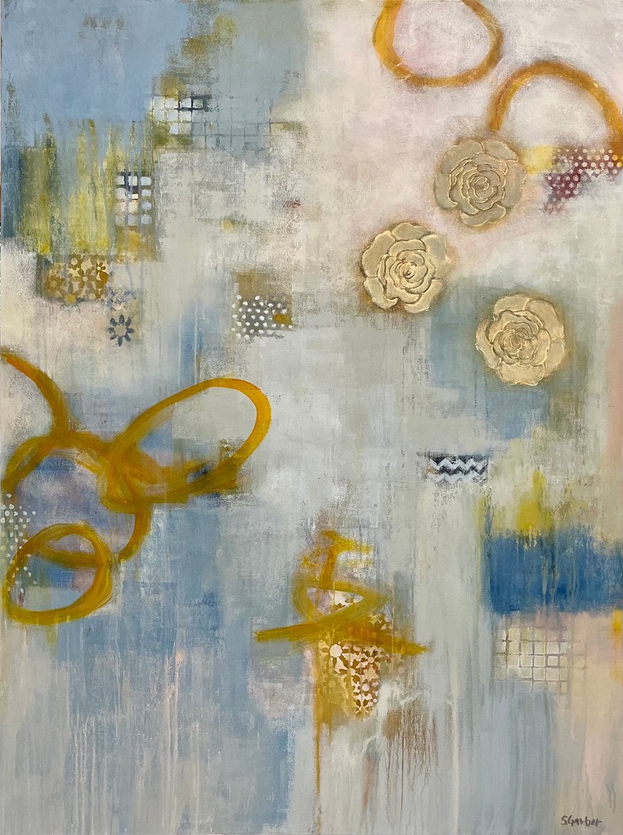 Abstract Botanical Acrylic Painting By Shellie Garber, 36 X 48", Rain Garden, Original Artwork