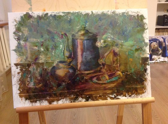 Blue Jar and Silver Service