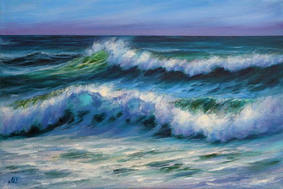 Ocean Waves Painting - Seascape Wall Art Original Artwork Coastal Art 12" by 8"