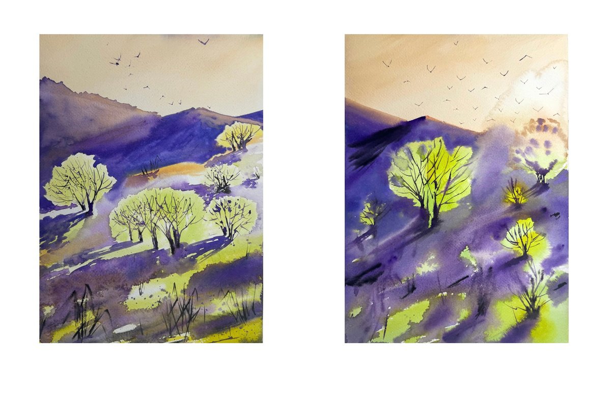 Expressive Landscape Watercolour By Yuliia Sharapova, 22 X 15", Diptych Sunrise In The Alps, Original Artwork