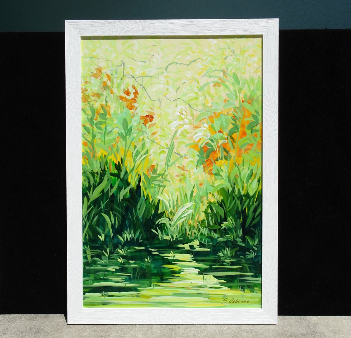 Impressionistic Botanical Acrylic Painting By Sveta Osborne, 27 X 39", Magic Garden Lily Pond I, Original Artwork