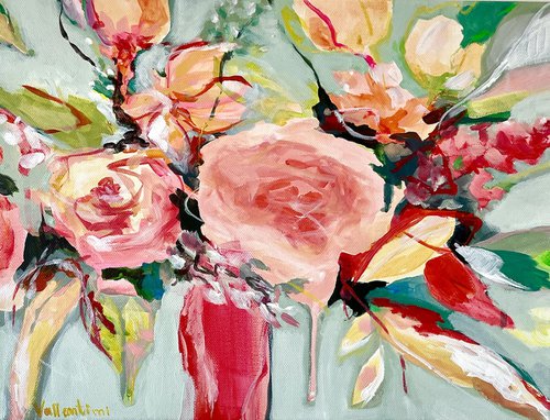 GREENS 'N' ROSES - 40 X 30 CM - FLORAL PAINTING ON CANVAS *RED *GREEN by Jani Vallentimi