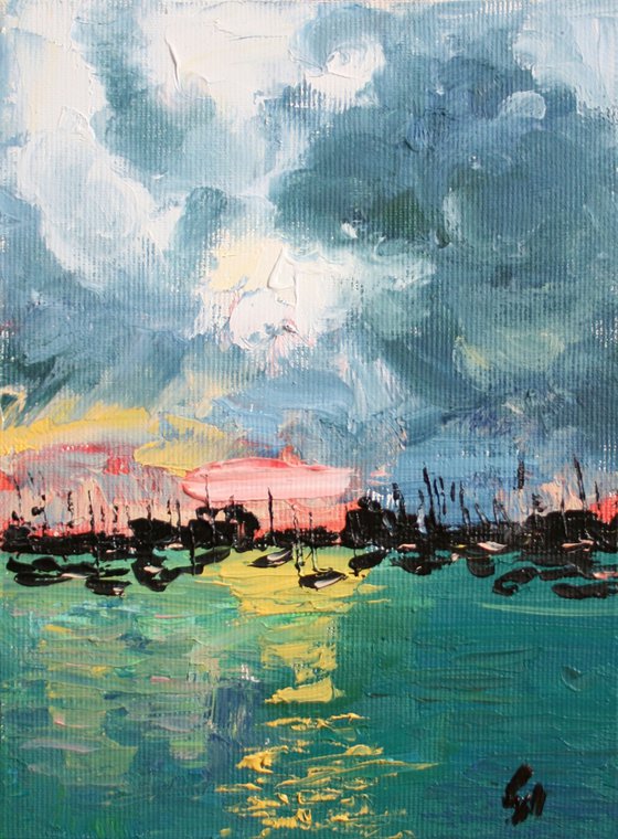 Sunset in the Harbour / FROM MY A SERIES OF MINI WORKS LANDSCAPE / ORIGINAL PAINTING