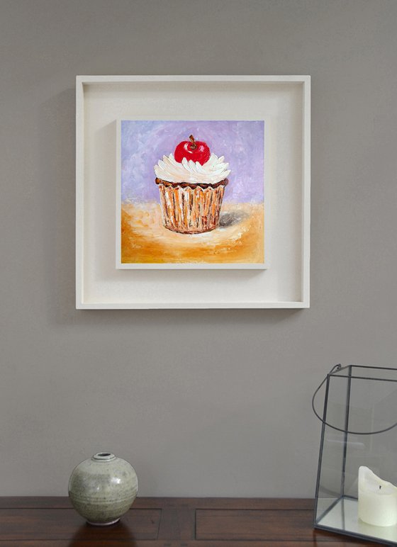 Cherry Cupcake Painting Original Art Dessert Artwork Small Food Wall Art 8 by 8