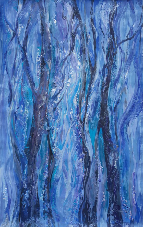 Large acrylic and pearl painting 100x160 cm unstretched canvas "Blue forest" i010 art original artwork by Airinlea