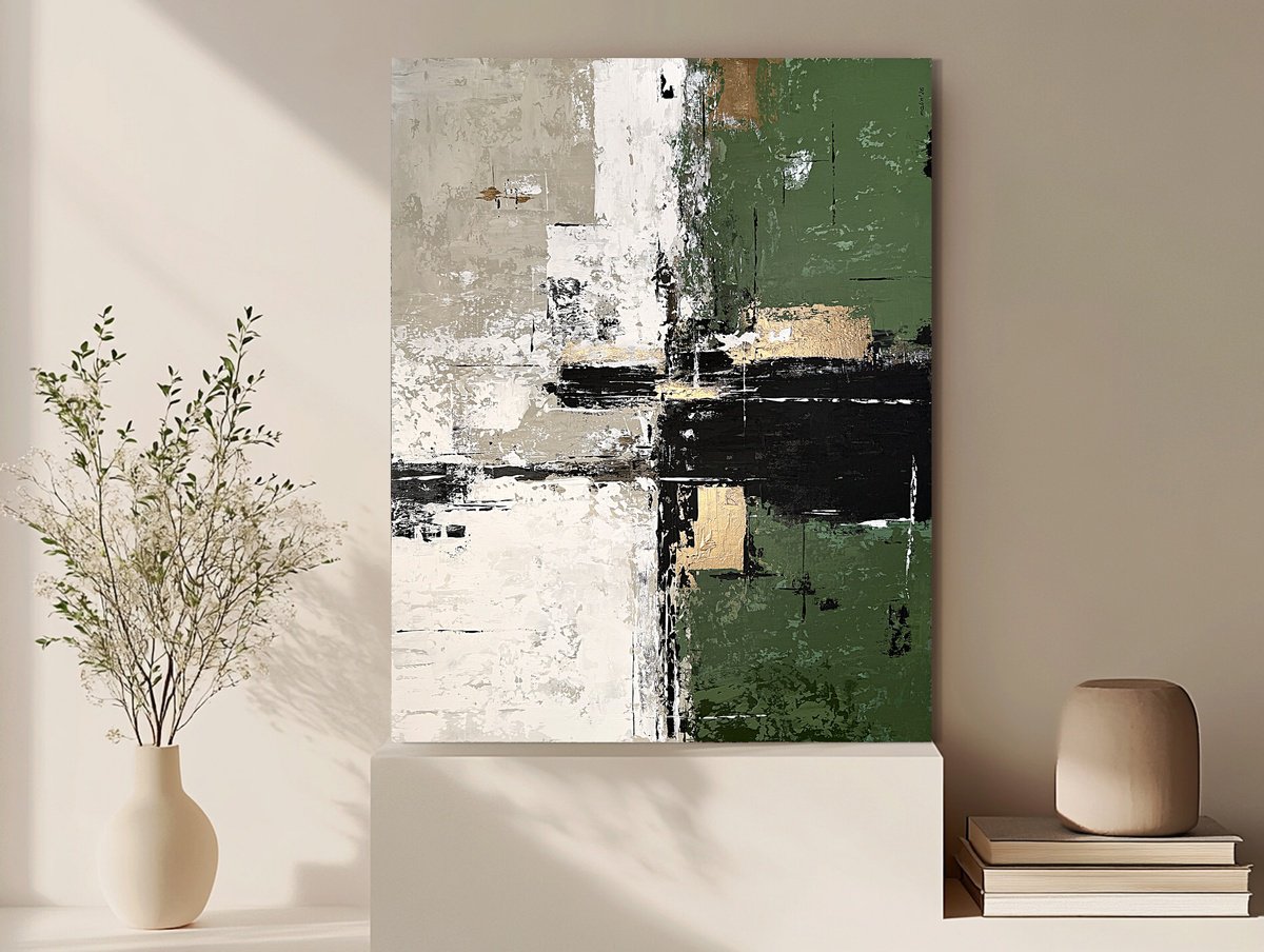 Urban And Pop Acrylic Painting , Verdant Axis. Grey Green Gold Textured By Tatiana Malinovscaia, 30 X 37, Artwork For Sale On Artfinder