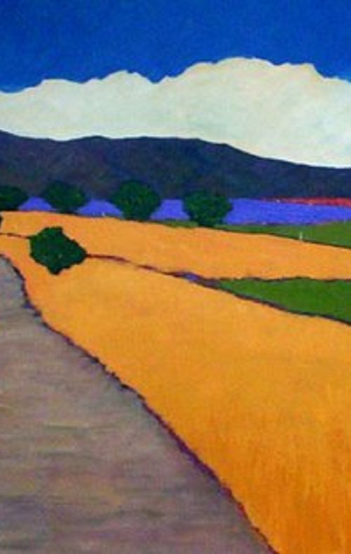FARM ROAD AND LAVENDER FIELD by David J Edwards