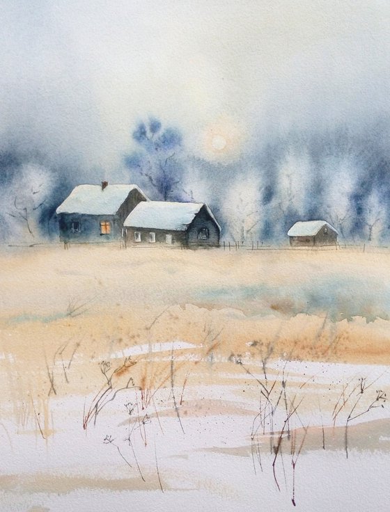 Village in Winter - Winter Landscape - Snow Art Original Watercolor Painting - winter landscape -  snowdrifts - trees