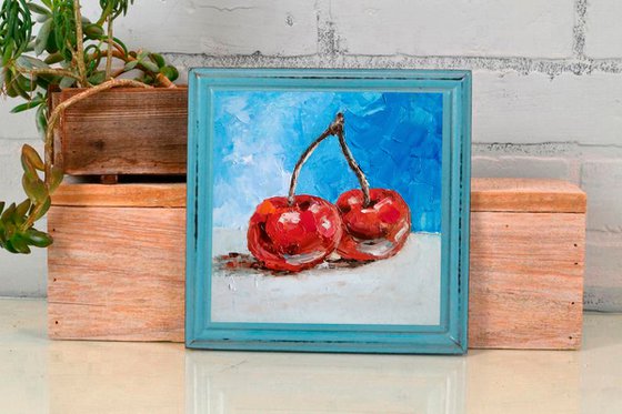 Couple Cherries Painting Original Art Fruit Artwork Berries Still Life Wall Art