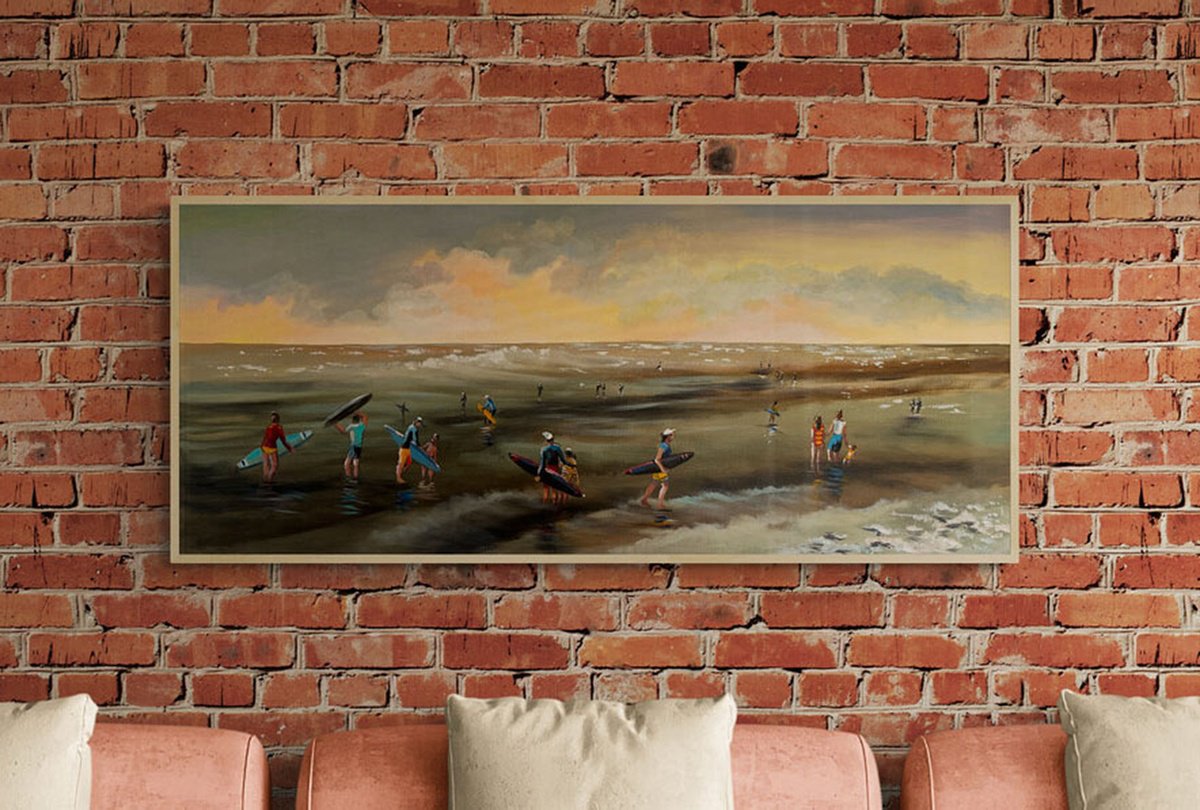 Impressionistic Landscape Acrylic Painting By Maria Kireev, 55 X 24", Evening By The Sea, Original Artwork