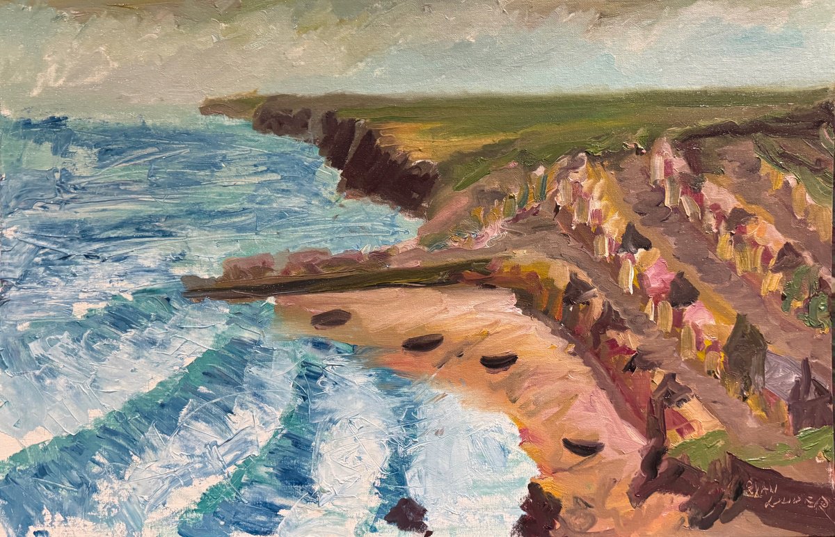 Abstract Landscape Oil Painting By Ryan Louder, 30 X 20", Seaside Town In Cornwall, Original Artwork