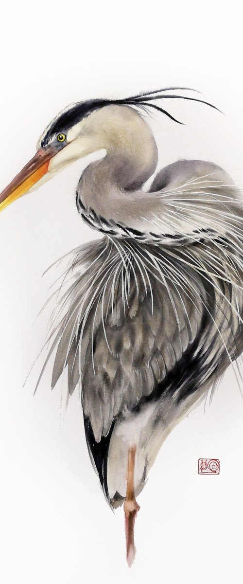 Dapper Bird  - Grey heron  - G by Olga Beliaeva Watercolour