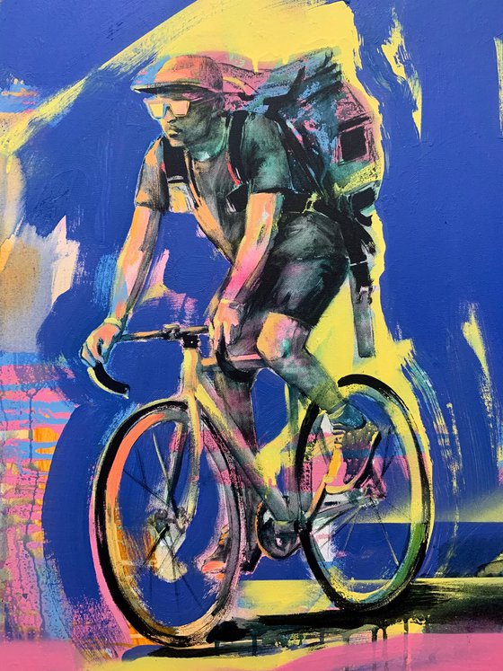 Bright big painting - "Young cyclist" - Urban Art - Pop Art - Bicycle - Street Art - City - Blue - Street scene