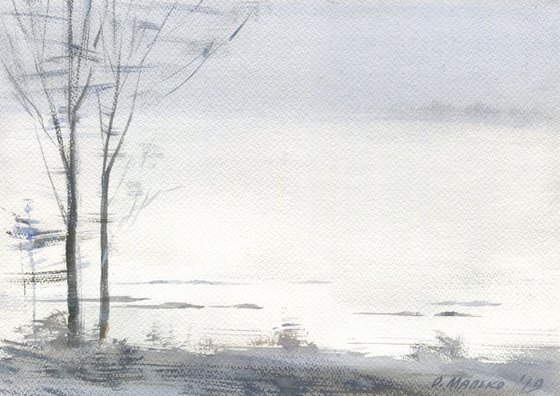 Roadside fog / Winter watercolor White landscape