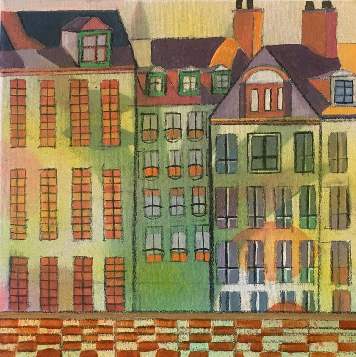 Illustrative Cityscapes Acrylic Painting By Chihiro Kinjo, 16 X 16, St Marco 2, Original Artwork