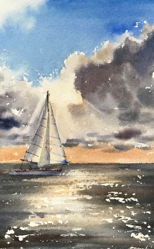 Sailing yacht in the sea by Eugenia Gorbacheva