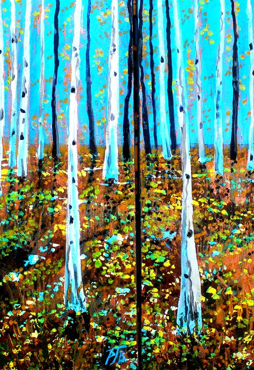 Primrose Woods I & II.  Diptych. Two paintings 55.5cm x 46cm ( 55.5cm x 92cm combined ) by Paul J Best