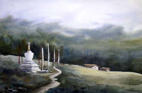 Monastery & Mysterious Himalaya  - Watercolor Painting by Samiran Sarkar