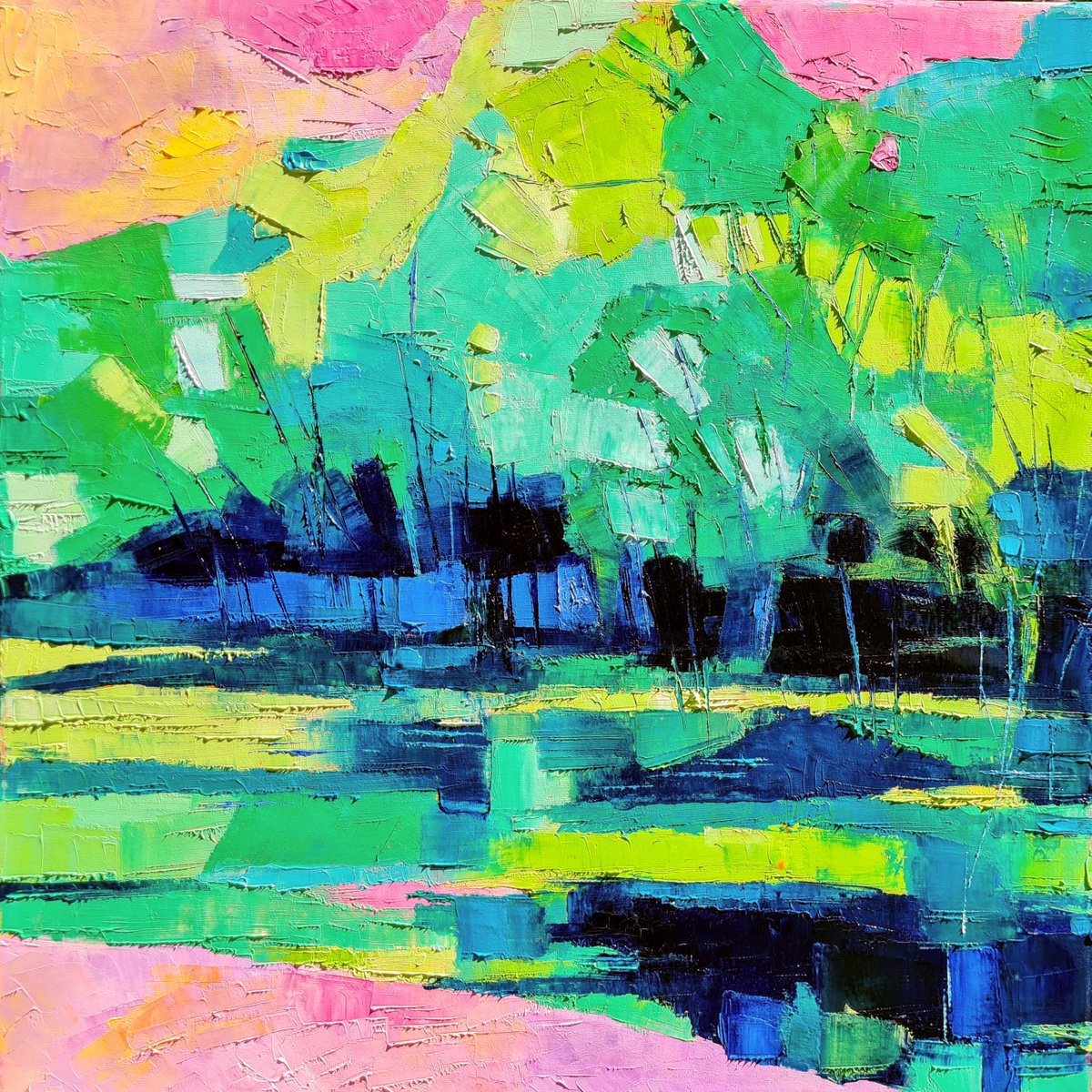 Impressionistic Landscape Oil Painting By Simon Tunde, 20 X 20", Summer River, Original Artwork