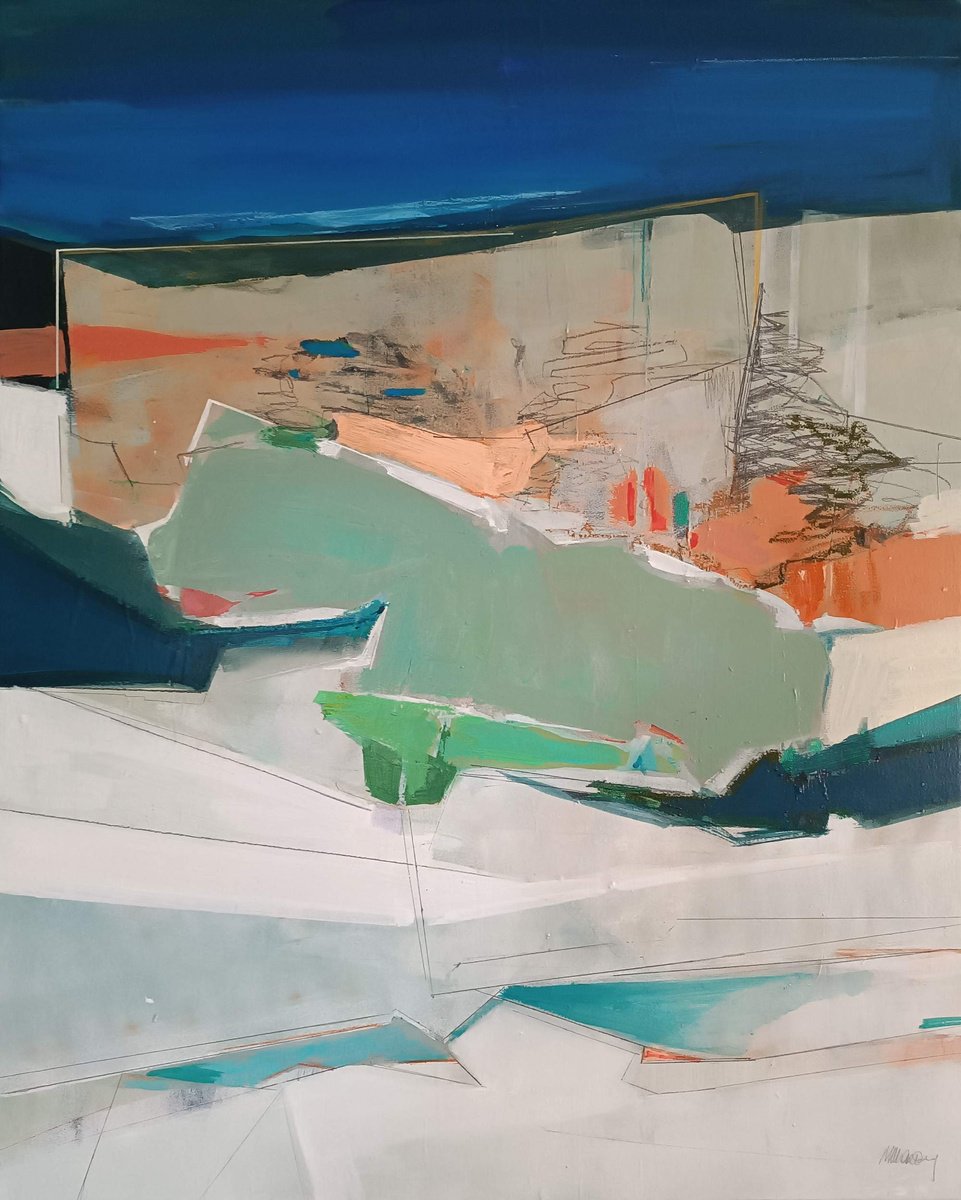 Geometric Landscape Acrylic Painting By Magdalena Morey, 26 X 32", Fragments Of A Coastal Path, Original Artwork