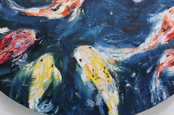 Perseverance - Koi fish - lotus pond oil painting - Impressionistic art