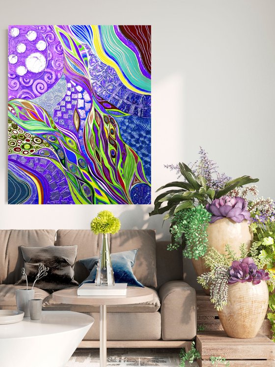 Large abstract painting 100x80 cm. Violet lilac purple light green artwork