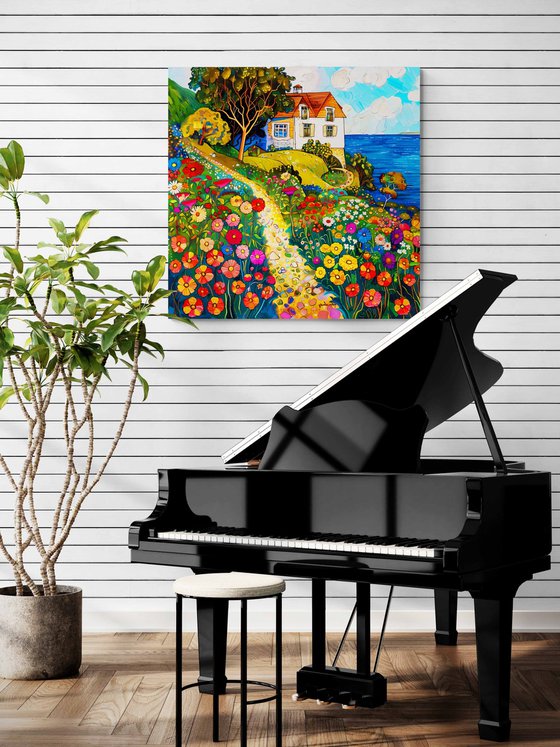 Sunny day with cozy house near the sea. Colorful impressionistic fairytale floral landscape fantasy flowers. Hanging large positive relax naive fine art for home decor, inspiration by Matisse and Klimt