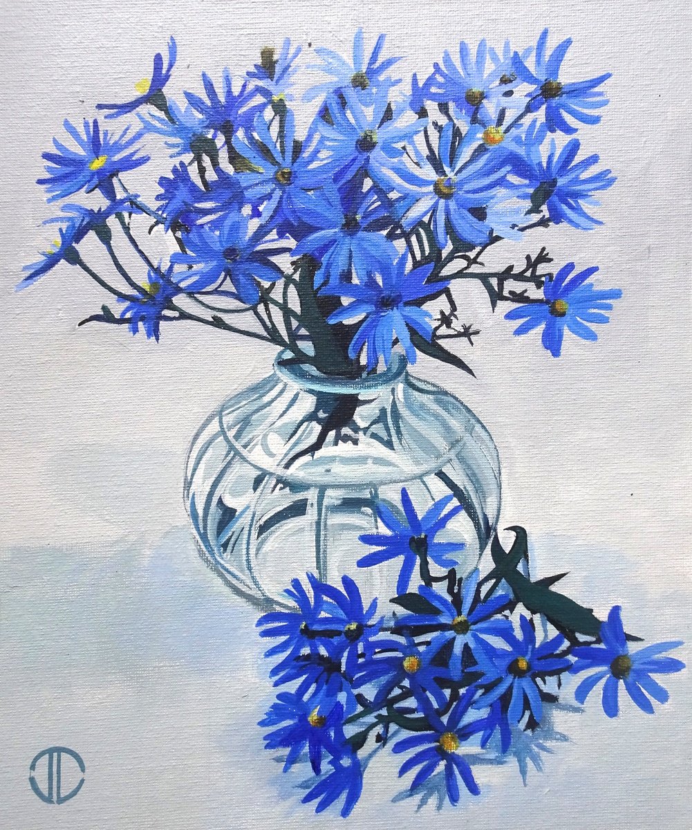 Blue Asters In A Glass Vase by Joseph Lynch