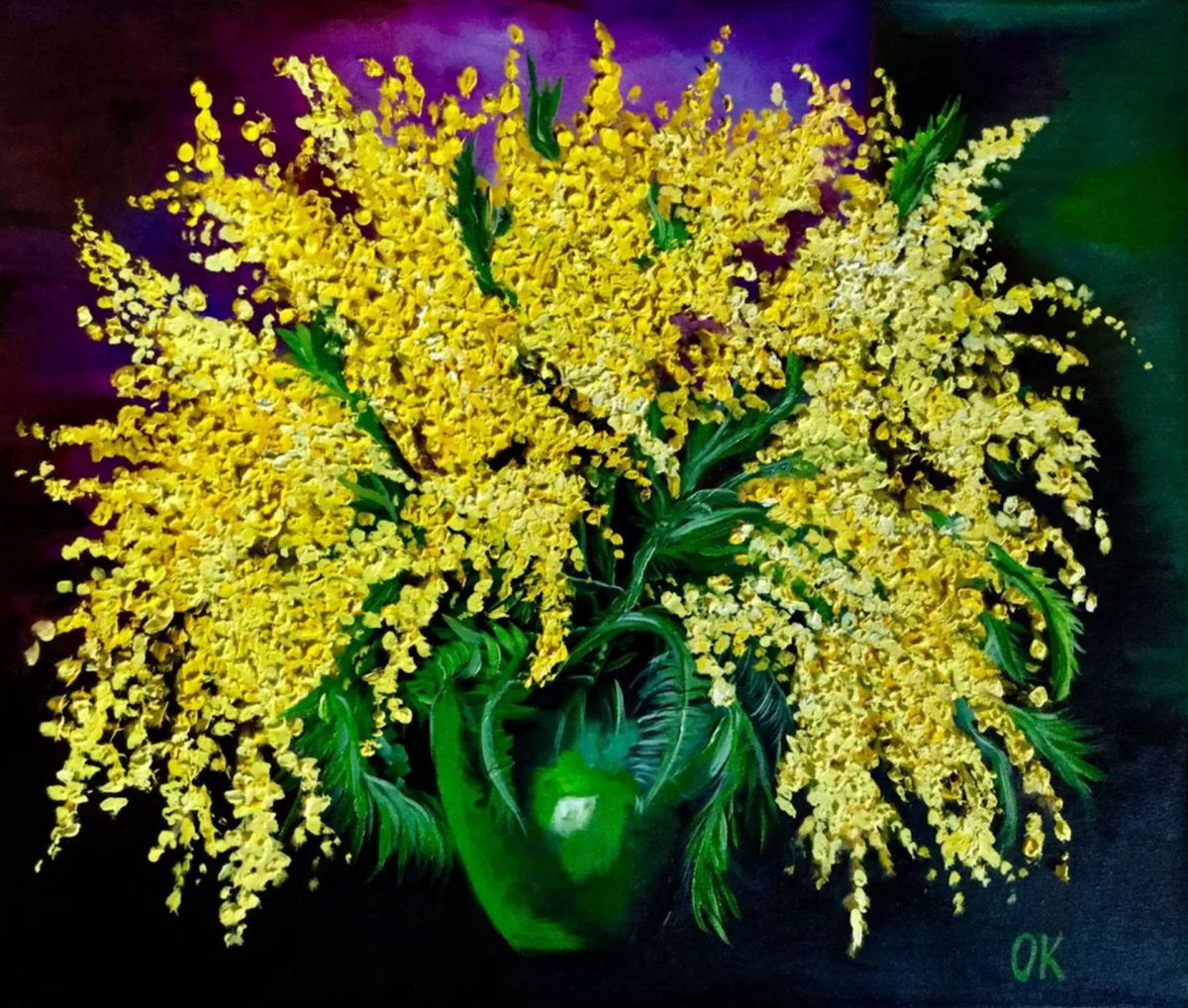 Impressionistic Botanical Oil Painting By Olga Koval, 24 X 20", Mimosas In Vase, Original Artwork