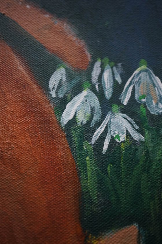 Hare With Snowdrops And Crescent Moon Acrylic Painting On Canvas