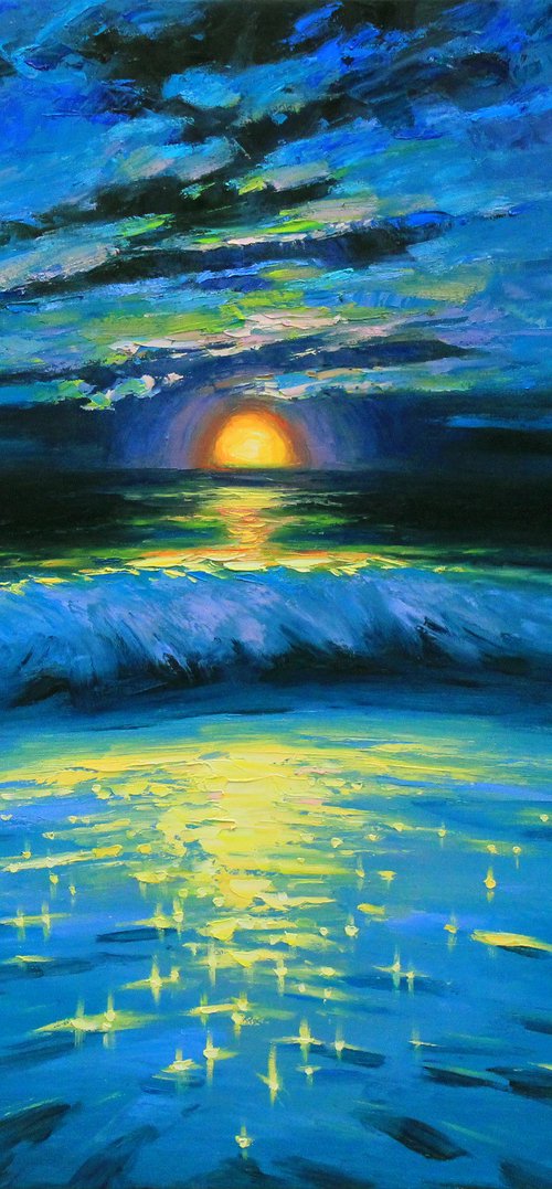 Moonrise in blue over sea by Alisa Onipchenko-Cherniakovska