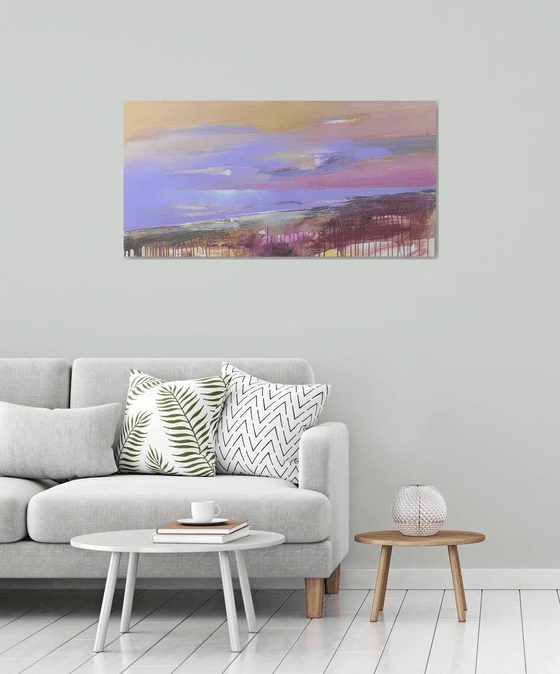 Bright horizontal painting - "Violet sunset" - Landscape - Expressionism - Seascape - Sunset