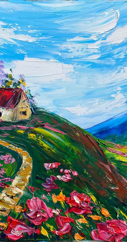 The small house in the mountains among the flowers. Impasto painting by Oksana Fedorova