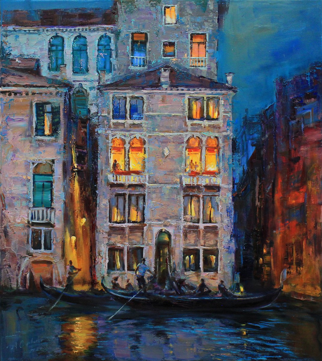 Impressionistic Cityscapes Oil Painting By Alisa Onipchenko-Cherniakovska, 31 X 35, Evening In Venice, Original Artwork