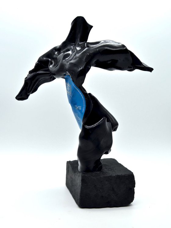 Male Figurative Sculpture, Vinyl Music Record on Black Stone, Vera Lynn