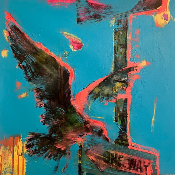 XXL Vertical painting - "Pink seagull" - Blue