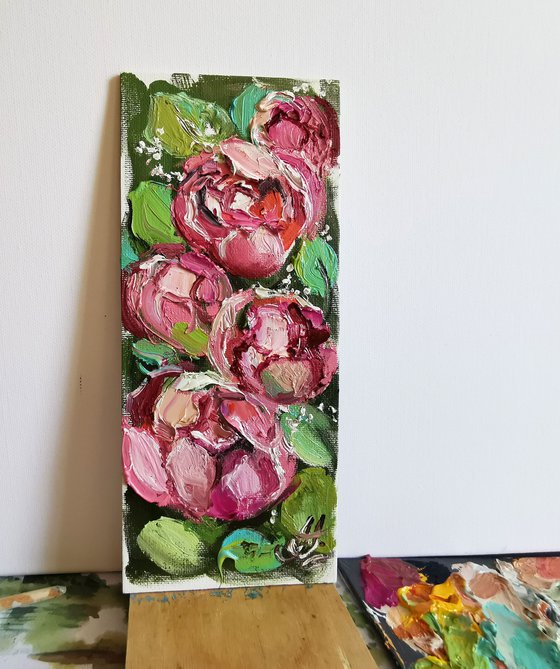 Pink and textured blossom Peonies Painting, Miniature on canvas