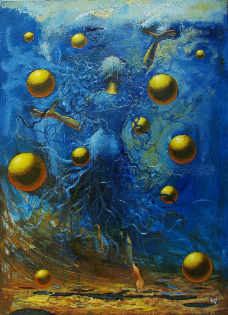 Surrealistic Portrait Oil Painting By Serhiy Roy, 18 X 26", Blue Fairy, Original Artwork