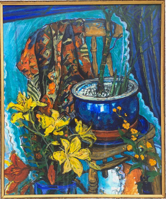 Yellow Lilies in a blue pot framed still life