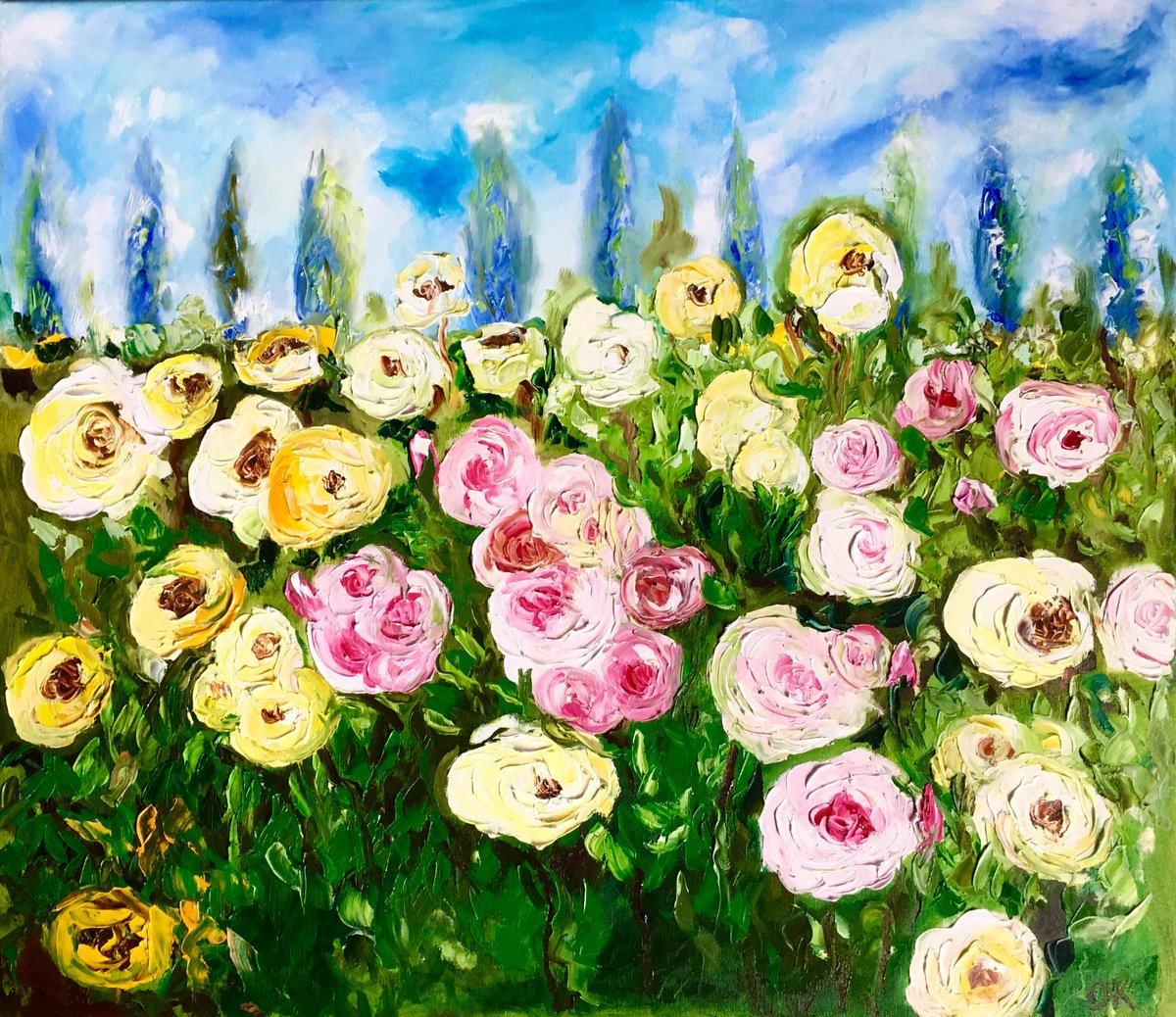 WHITE PINK YELLOW ROSES landscape with cypress trees palette knife modern still life f... by Olga Koval